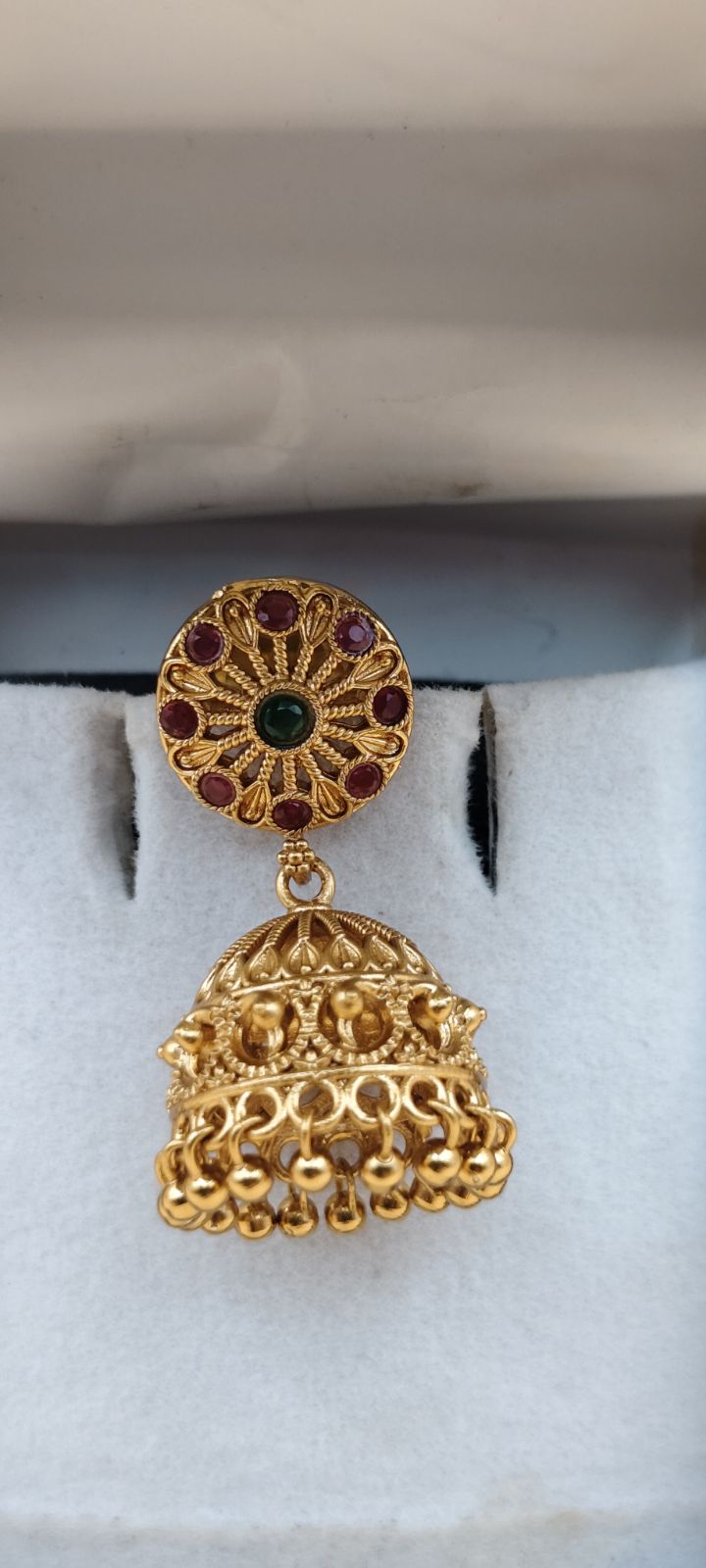 Temple Jhumka Earrings with Ruby & Green Stone