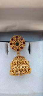 Temple Jhumka Earrings with Ruby & Green Stone