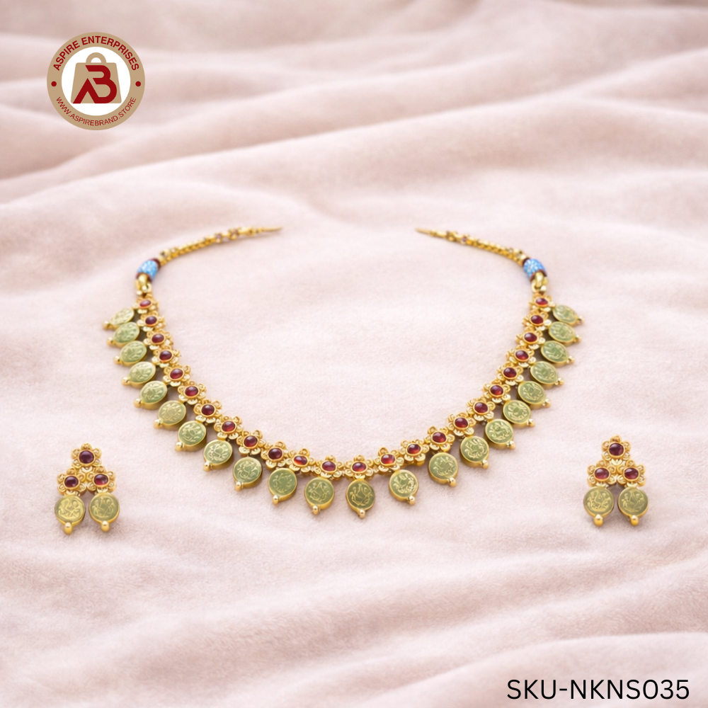 Traditional Ruby Stone Coin Necklace Set with Matching Earrings