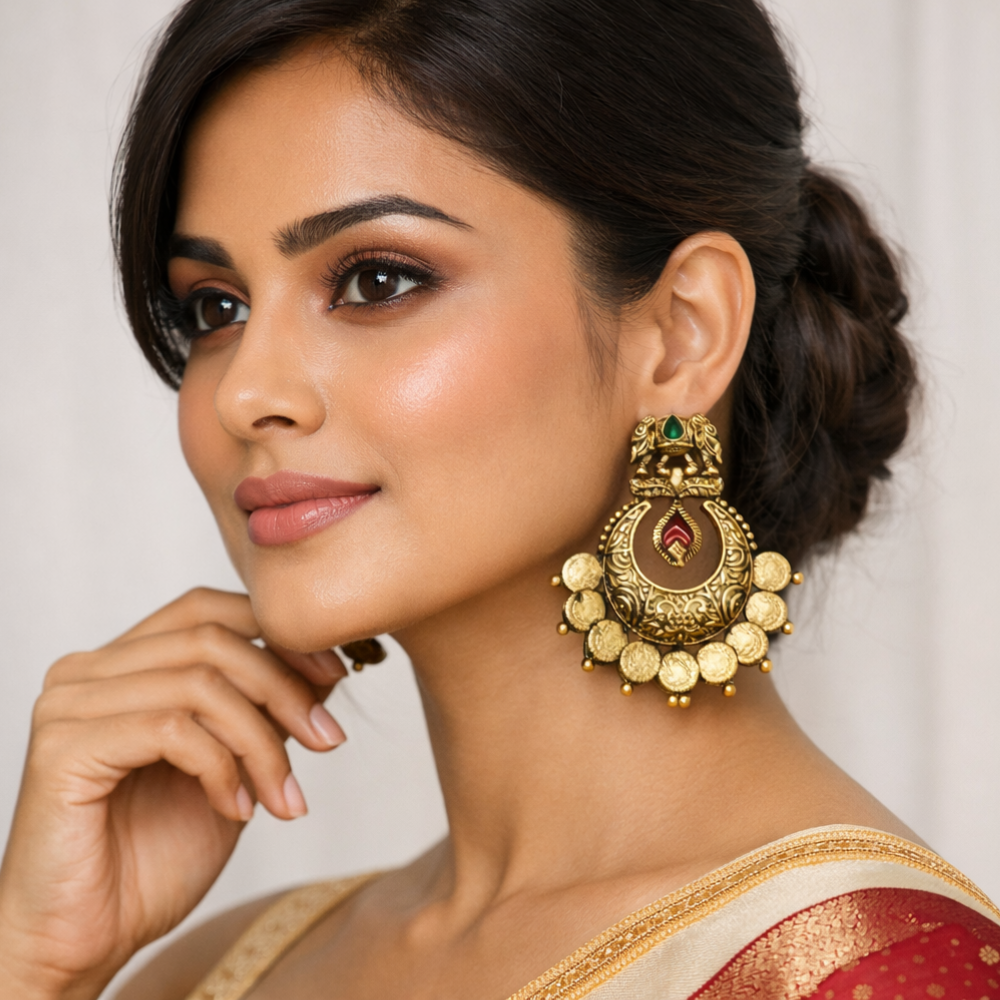 Antique Gold Elephant Motif Temple Earrings for Women