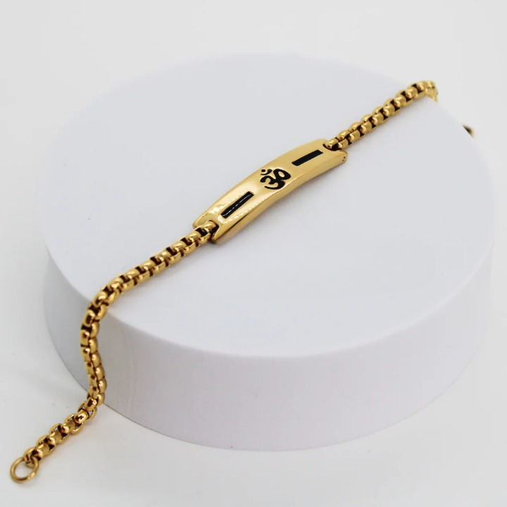Premium Om Loose Gold Bracelet For Men With Black Line Pattern (8 Inch)