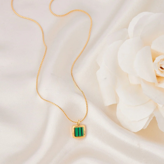Gold Malachite Green Square Charm Pendant Necklace
