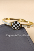 Gold-Toned Checkerboard Stylish Bangle Bracelet with Adjustable Fit for Women