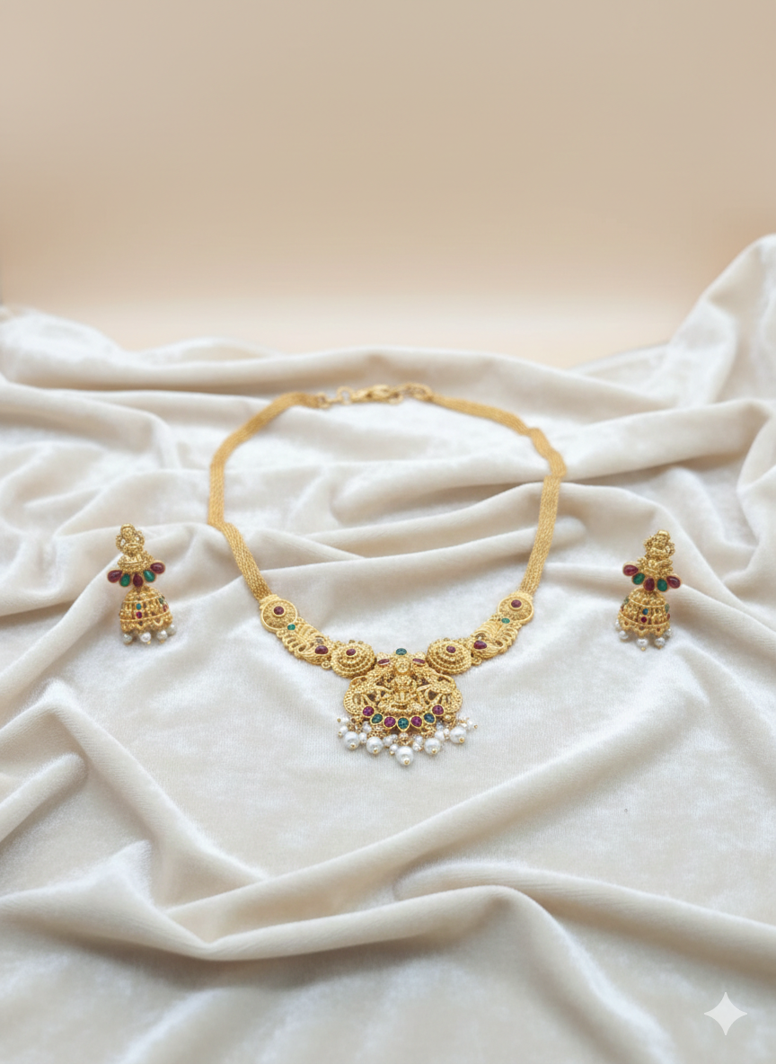 Lakshmi Devi Temple Jewelry Chain with Pearl Drops