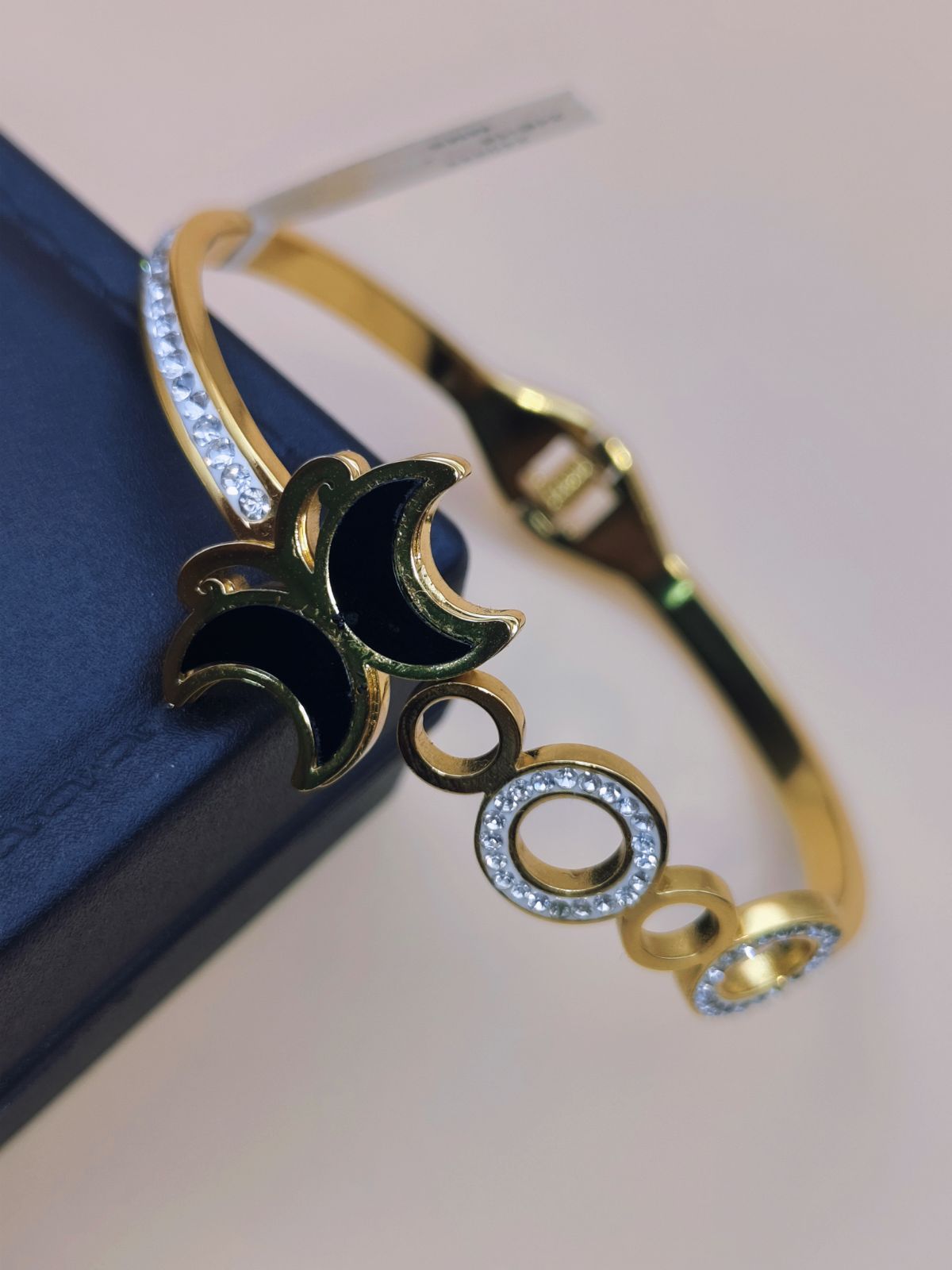 Gold Plated Black Enamel Crescent Kada Bracelet for Women | Anti-Tarnish Stylish Bangle