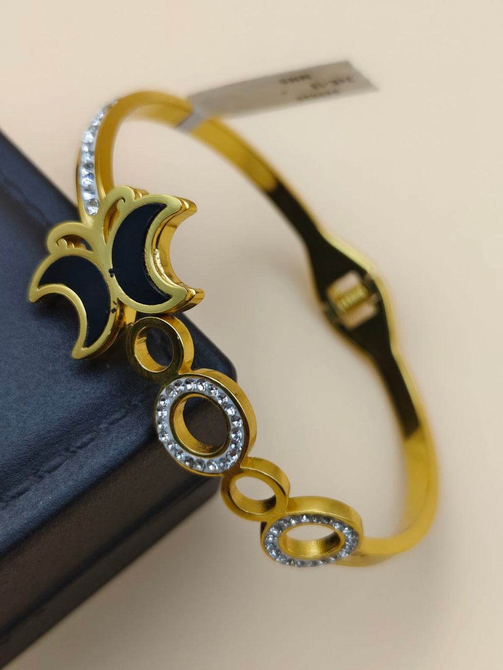 Gold Plated Black Enamel Crescent Kada Bracelet for Women | Anti-Tarnish Stylish Bangle