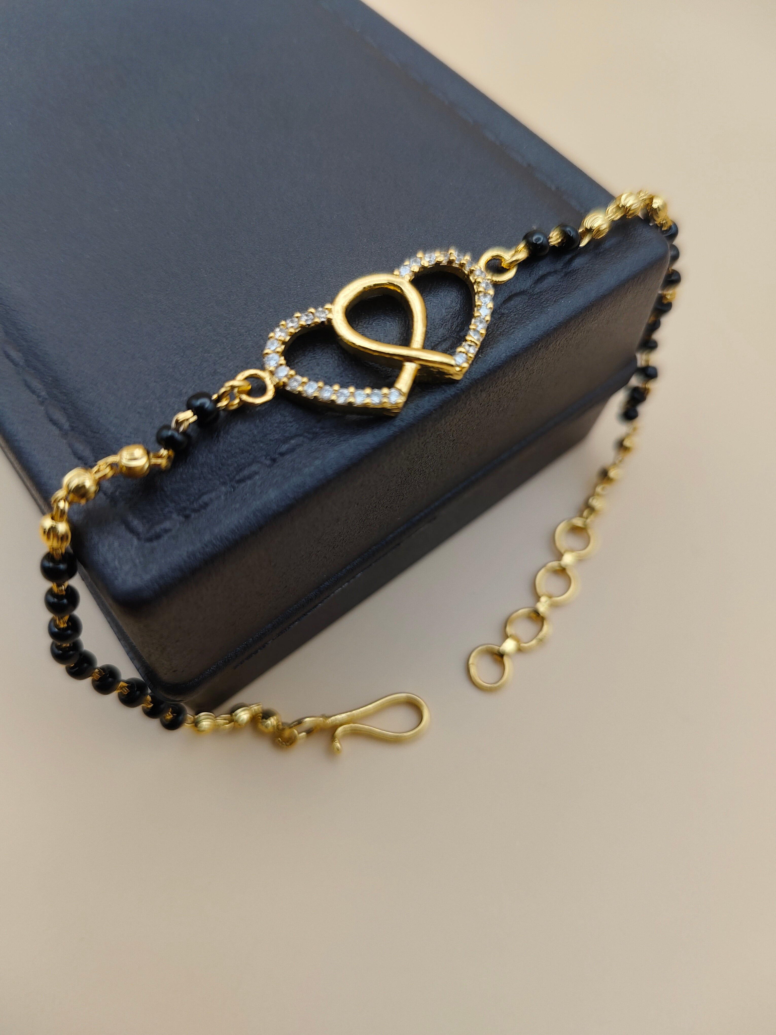 Gold-Tone Black Beads Heart Chain Bracelet