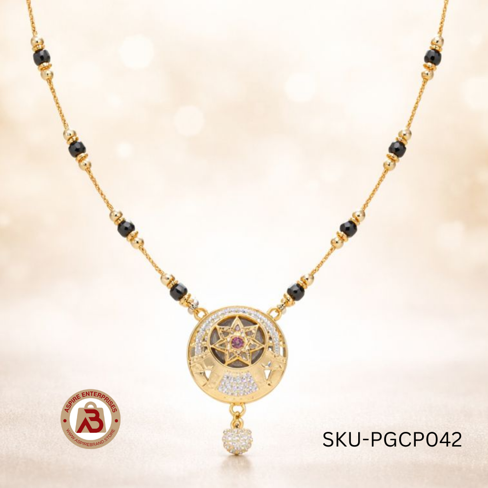 Elegant Floral Circle Pendant Mangalsutra with Black Beads