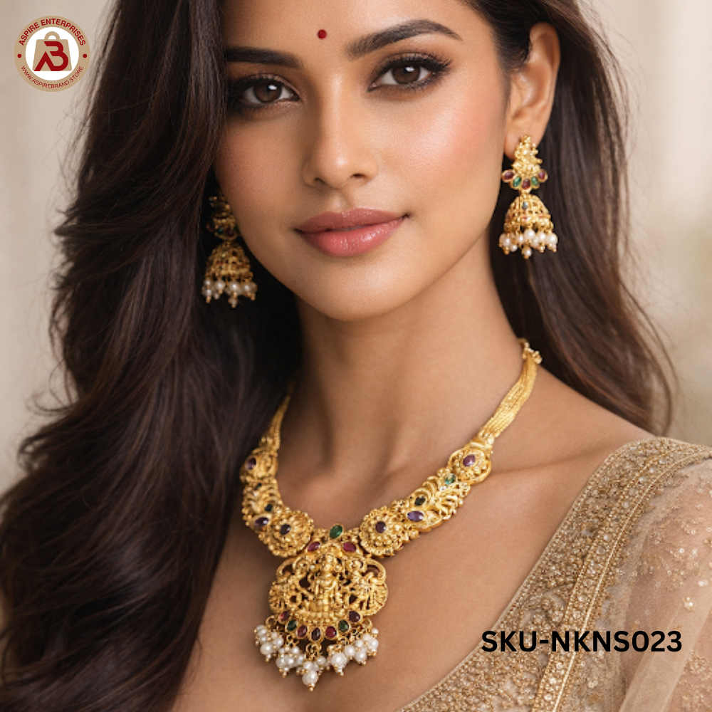 Lakshmi Devi Temple Jewelry Chain with Pearl Drops