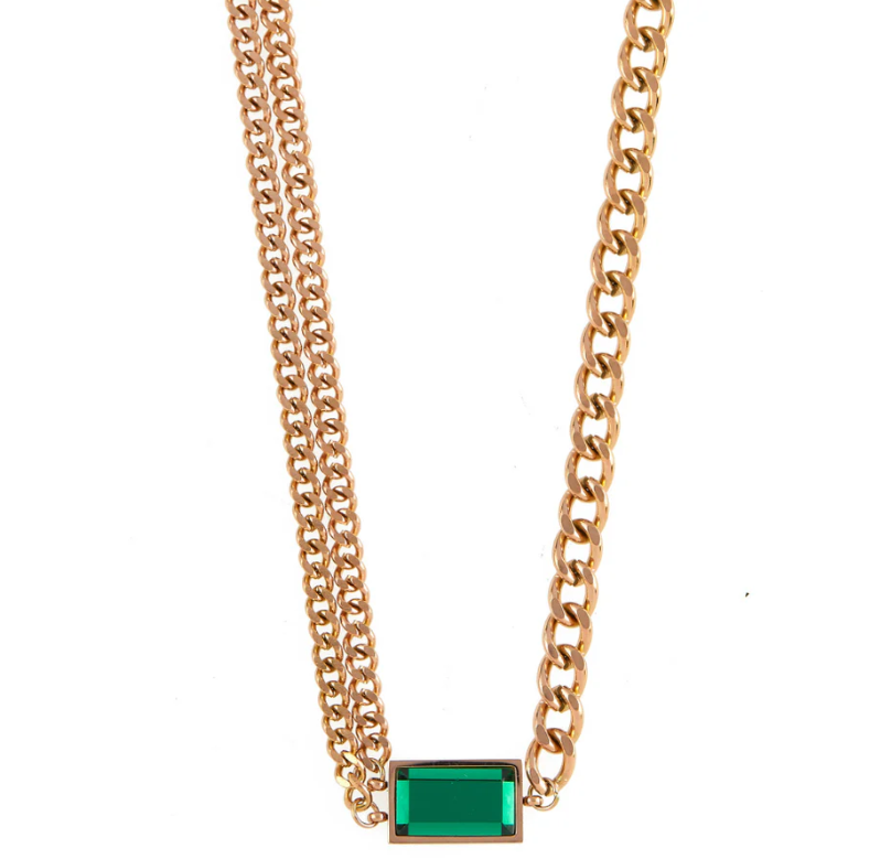 Rectangle Emerald Cuban Link Chain Necklace