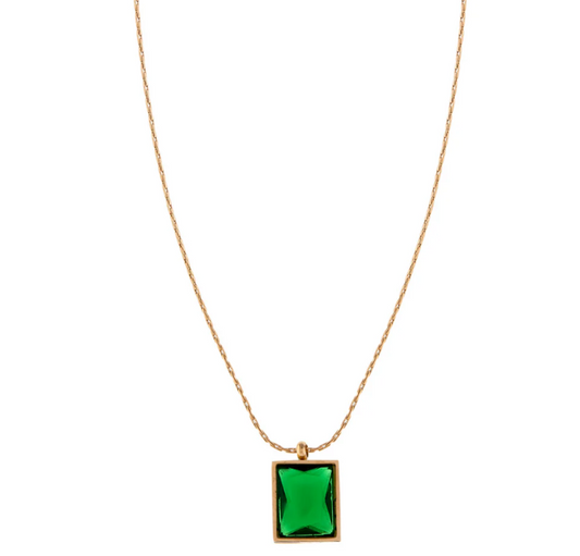 Gold Malachite Green Square Charm Pendant Necklace