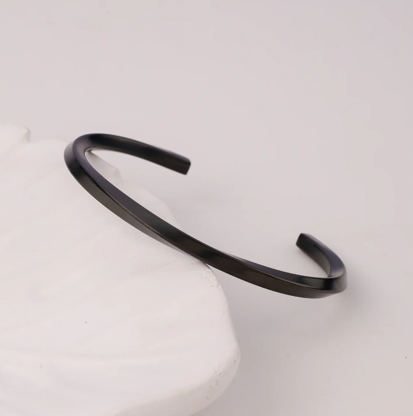 Black Stainless Steel Solid Twisted Cuff Bracelet For Men
