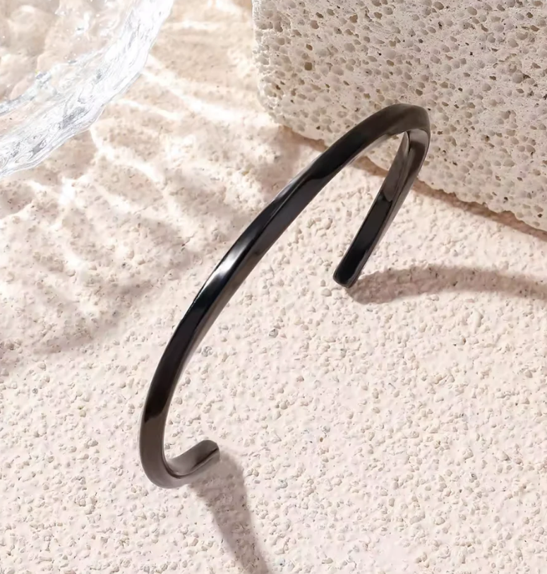 Black Stainless Steel Solid Twisted Cuff Bracelet For Men