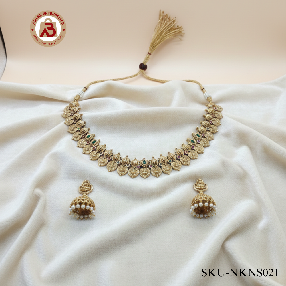 Antique Gold Temple Jewellery Chain with Coin Motifs & Jhumka Earrings