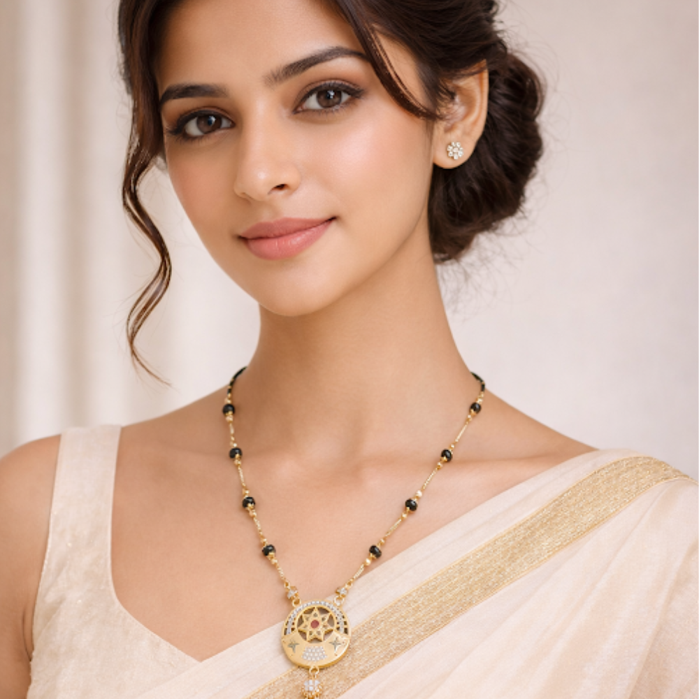 Elegant Floral Circle Pendant Mangalsutra with Black Beads