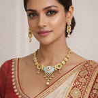 Traditional Antique Gold Coin Chain Necklace with Designer Pendant & Matching Earrings