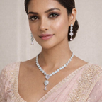 Shimmering American Diamond Silver-Plated Necklace with Rose Pink Stone Drop