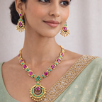 Traditional Ruby & Emerald Temple Jewelry Chain with Antique Gold Finish