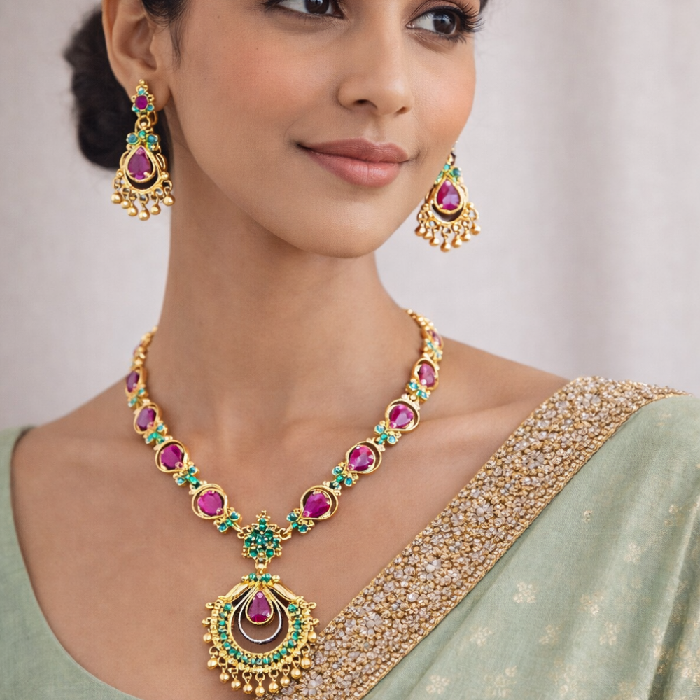 Traditional Ruby & Emerald Temple Jewelry Chain with Antique Gold Finish