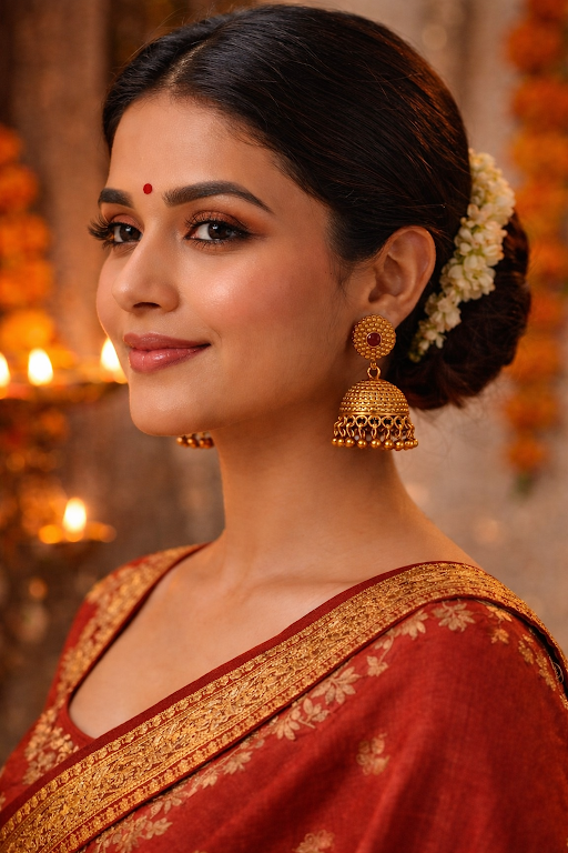 Traditional Gold-Tone Jhumka Earrings with Red Stone Studs