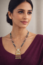 Designer Dual-Line Black Beads Mangalsutra with Temple-Inspired Pendant