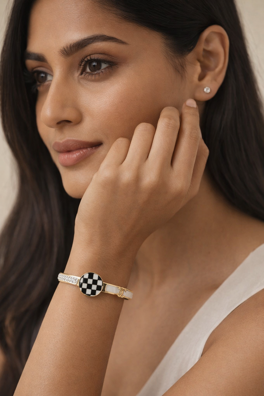 Gold-Toned Checkerboard Stylish Bangle Bracelet with Adjustable Fit for Women