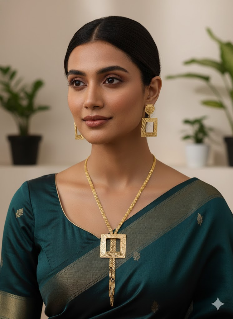 Designer Gold-Tone Square Pendant Long Necklace Set