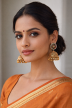 Antique Gold Jhumka Earrings with Ruby-Green Stone Studs